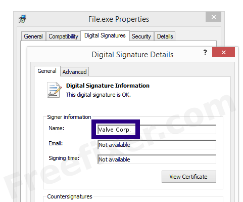 Screenshot of the Valve Corp. certificate
